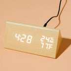 OCT17 Wooden Alarm Clock, Wood Alarm Clock Smart LED Digital Clock for Bedroom/desks, Upgraded with Time Temperature, Adjustable Brightness and Voice Control, Humidity Displaying - Bamboo