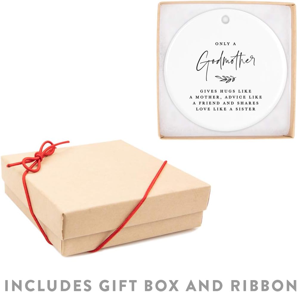 Andaz Press Round Ceramic Porcelain Christmas Ornament Collectible Godmother Gift, Only a Godmother Gives Hugs Like a Mother, Advice Like a Friend, and Shares Love Like a Sister, 1-Pack