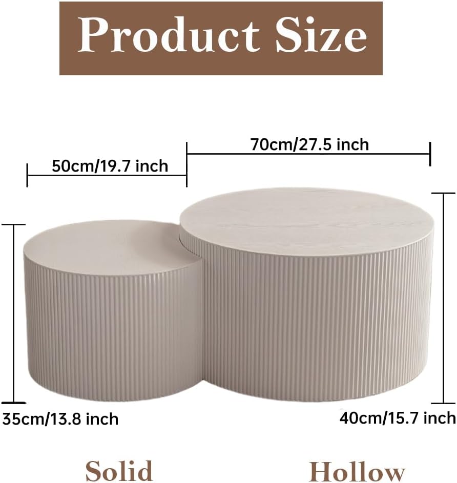 Round Nesting Coffee Table Set of 2 Modern Cream Fluted Coffee Table Small Round End Table Crescent Side Table Circular Coffee Tables Nested Coffee Tables for Living Room (Cream Large)