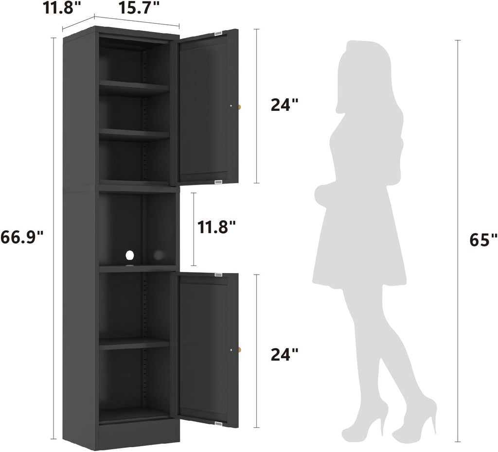 67" Tall Bathroom Storage Cabinet, Narrow Metal Floor Cabinet with 2 Doors and Adjustable Shelves, Freestanding Metal Locker for Laundry, Kitchen, Dining Room