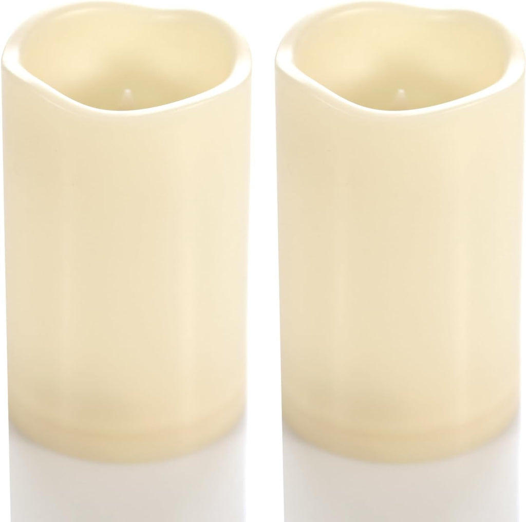 CANDLE CHOICE Waterproof Outdoor Battery Operated Flameless Candles with Timer Flickering Plastic Resin Electric LED Pillar Lights for Lantern Patio Garden Wedding Party Decorations 3x5 Inches 2 Pack