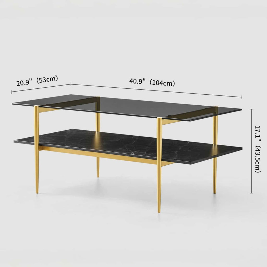 Rectangle Coffee Table for Living Room, Mid-Century Modern Design, L41 x W21 x H17, 2-Tier Structure, Clear Glass Top and Black Marble Wood Shelf, Conical Metal Legs with Gold Finish