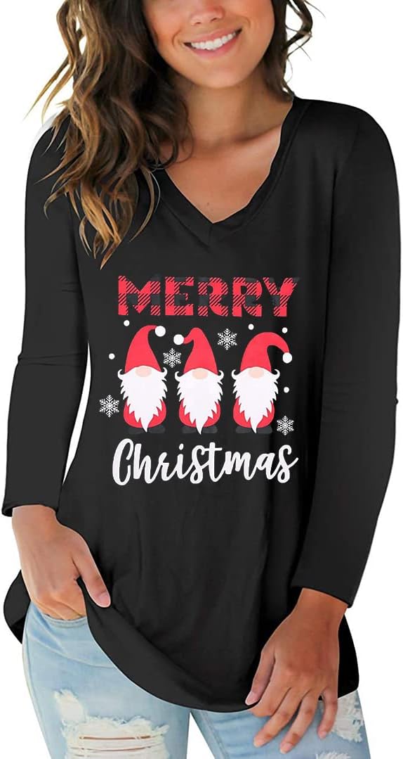 Tobrief Women's Long Sleeve V-Neck Shirts Fall Graphic Tees Loose Casual T-Shirt