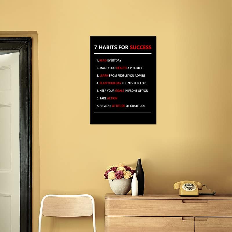 WYJZDZQ8 Motivational Poster 7 Habits For Success Inspirational Canvas Wall Art Painting Prints Artwork Pictures Inspiring Office Decor Living Room Gym Decoration Framed Ready to Hang [18''W X 24''H]