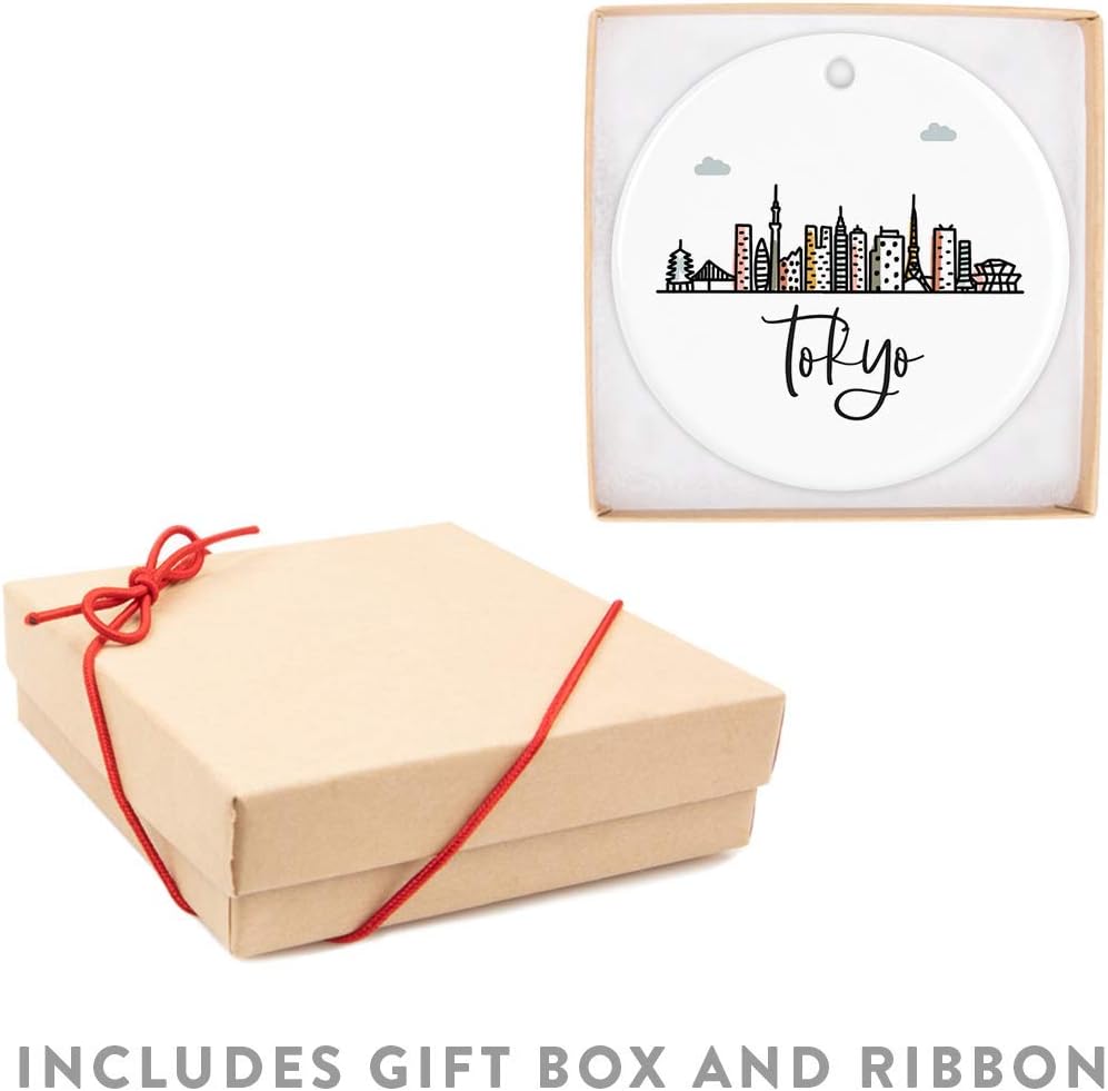 Andaz Press Round Ceramic Porcelain Christmas Tree Ornament Keepsake Gift, Tokyo, Colorful International City Skyline Graphic, 1-Pack, Birthday Ideas Family Coworker Him Her, Gift Box