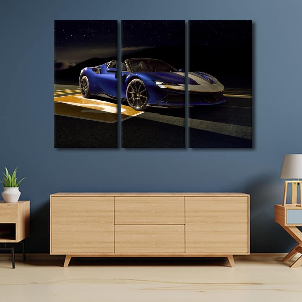Blue Sports Car Canvas Wall Art Supercar at Night Paintings Speed Car Prints on Canvas Modern Artwork Pictures for Living Room Men Boys Bedroom Wall Decor Giclee Framed Ready to Hang, 60"Wx40"H