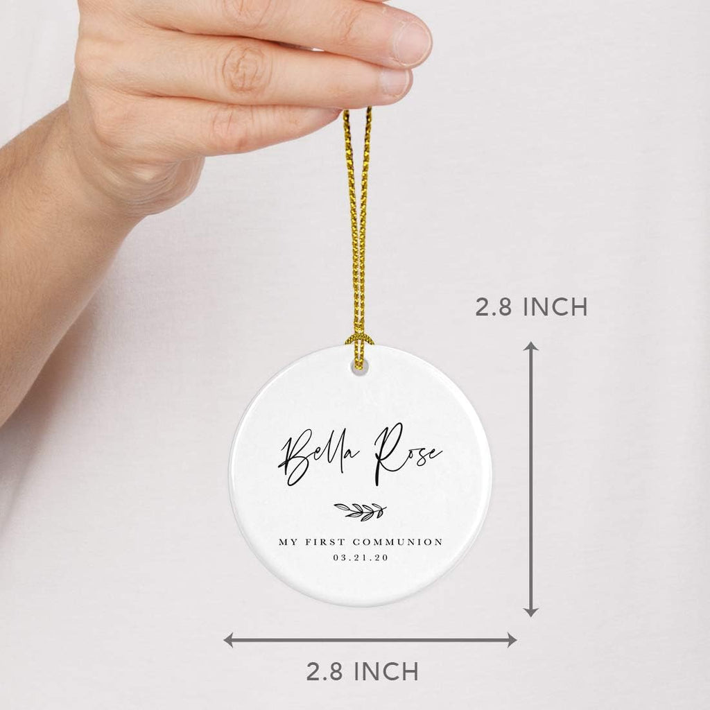 Andaz Press Personalized Round Ceramic Porcelain Christmas Tree Ornament Engagement Collectible Gift for Baby, Ava Marie Carter My First Communion 03.21.20, Antique Handdrawn, 1-Pack
