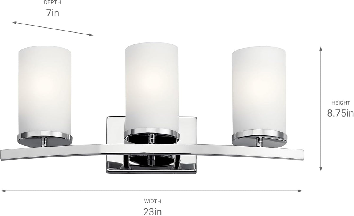 Kichler Crosby 23" Vanity Light in Chrome, 3-Light Contemporary Bathroom Light with Satin Etched Cased Opal Glass, (23" L x 8.75" H), 45497CH