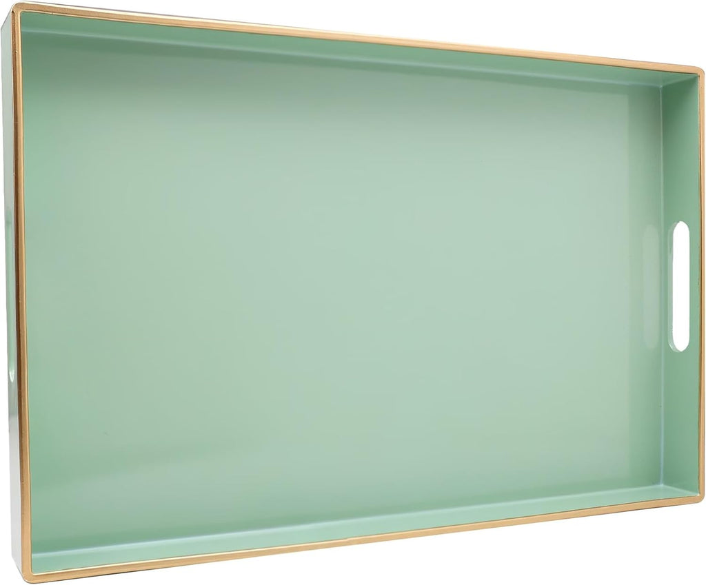Spsyrine Green Decorative Serving Tray with Handles, Elegant Plastic Coffee Table Tray for Ottoman, Living Room, Home Decor 15.6" X 10.2"