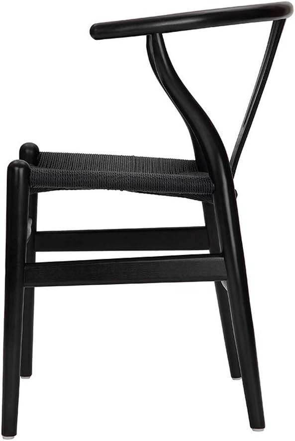 Wishbone Chair, Solid Wood Armrest Woven Seat Chair, Kitchen & Dining Chair, Wishbone Y Black Chairs - Set of 2 (Ash Wood - Black)