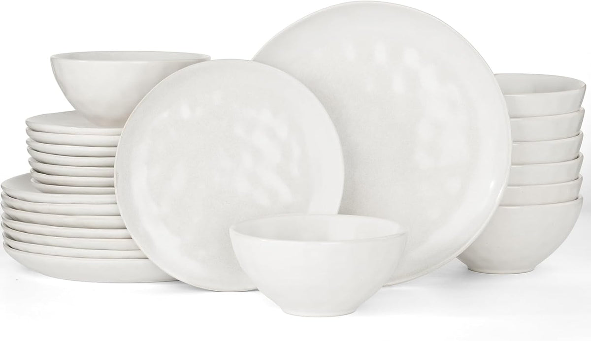 Famiware Dinnerware Sets for 8, Ocean Round 24-Piece Kitchen Plates and Bowls Sets, Microwave and Dishwasher Safe, Scratch Resistant, Matte White