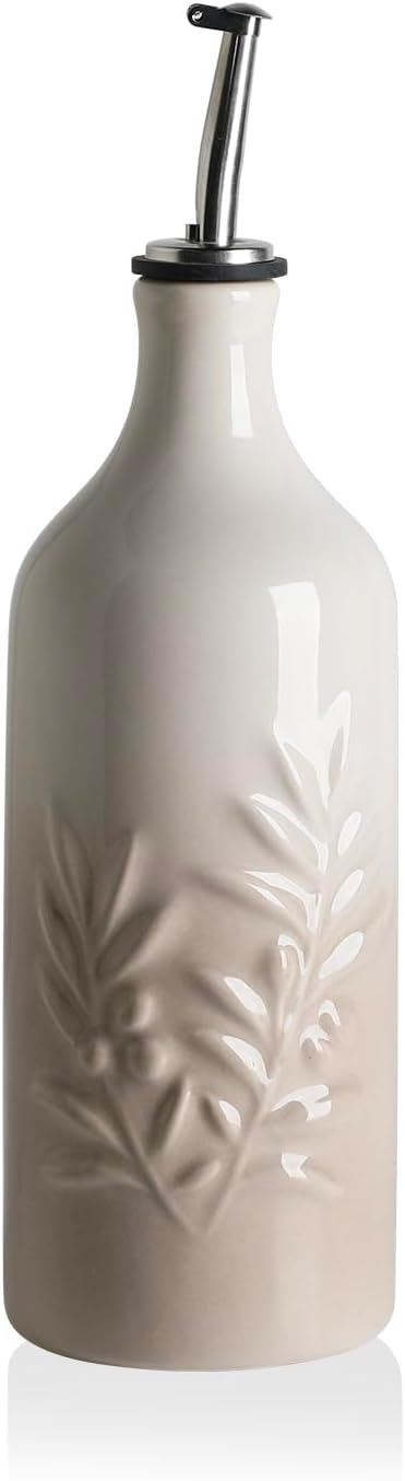 Sweejar Ceramic Olive Oil Dispenser Bottle, 20 Oz Relief Opaque Oil Cruet Protects Oil To Reduce Oxidation, Storage Vinegar, Soy Sauce, Coffee Syrup, Liquids, Set of 1 (Gradient Fog Gray)