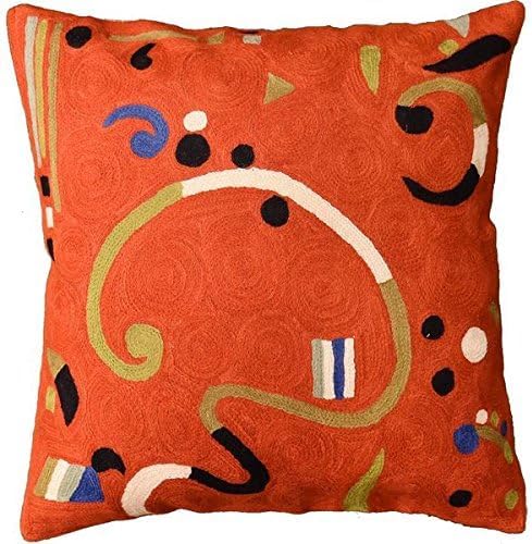 Kandinsky Modern Pillow Cover - Orange Ribbon | Mid Century Chair Cushions | Orange Abstract Pillows | Contemporary Pillowcase | Modern Couch Pillows | Hand Embroidered Cushion | Wool Size 18x18