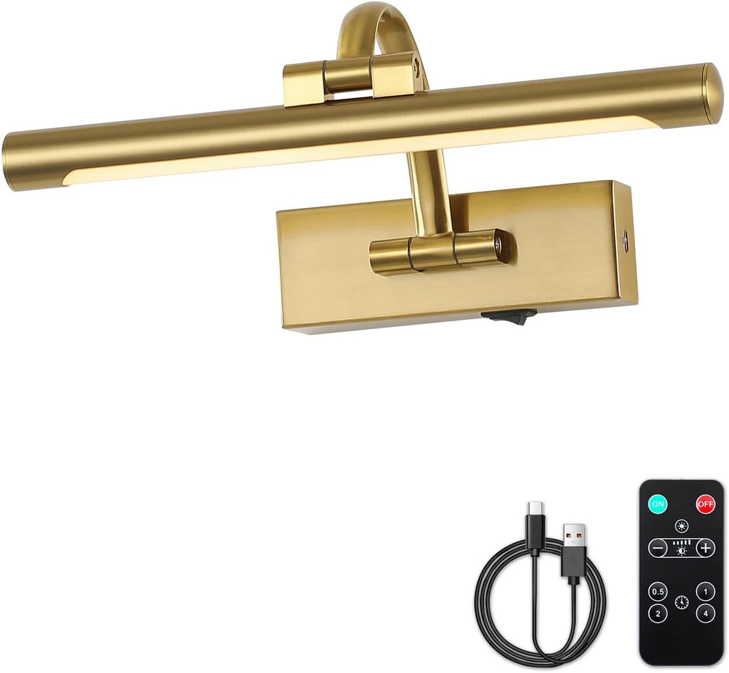 Wireless Picture Lights for Wall Rechargeable Brass Gallery Lights Battery Operated Art Lamps with Remote and Timer Dimmable Painting Lights for Artwork Portrait Display 12 Inch 2W 2700K