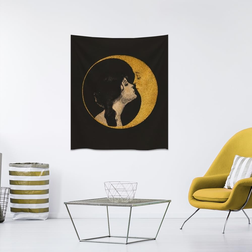 Dark Academia Woman Kissing Moon Art Tapestry Gothic Aesthetic Wall Hanging Witchy Picture Print Moon Goddess Tapestries Wall Decor for Living Room Bedroom Dorm 50x60inch