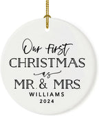 Andaz Press Personalized Our First Christmas As Mr. & Mrs. 2024 Christmas Ornaments Modern Black and White 2.8" Round Porcelain Ceramic 1st Year Married Custom Ornament Keepsake for Newlyweds 1-Pack