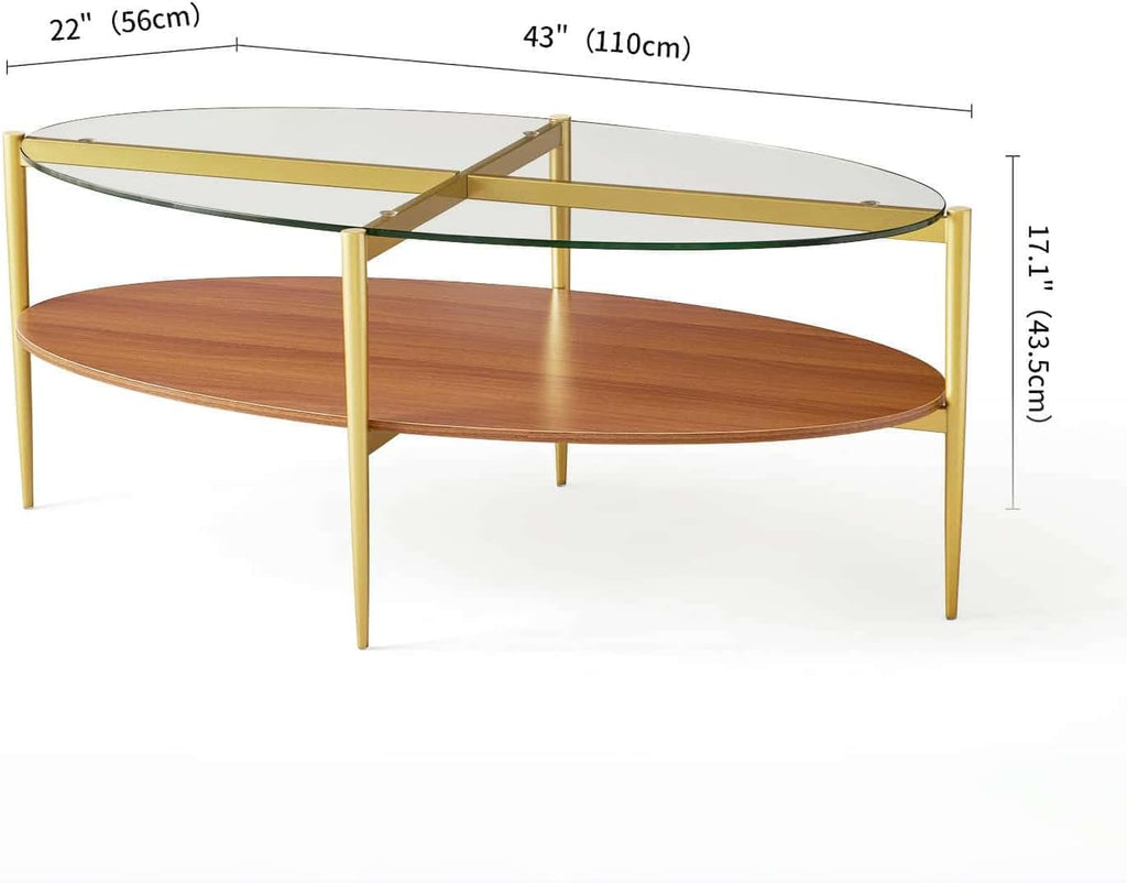 Oval Glass Coffee Table, Mid-Century Modern Design, L43 x W22 x H17 inch, 2-Tier Structure, Olive Shaped Clear Glass Top and Walnut Finish Wood Shelf, Tapered Legs with Gold Finish Frame