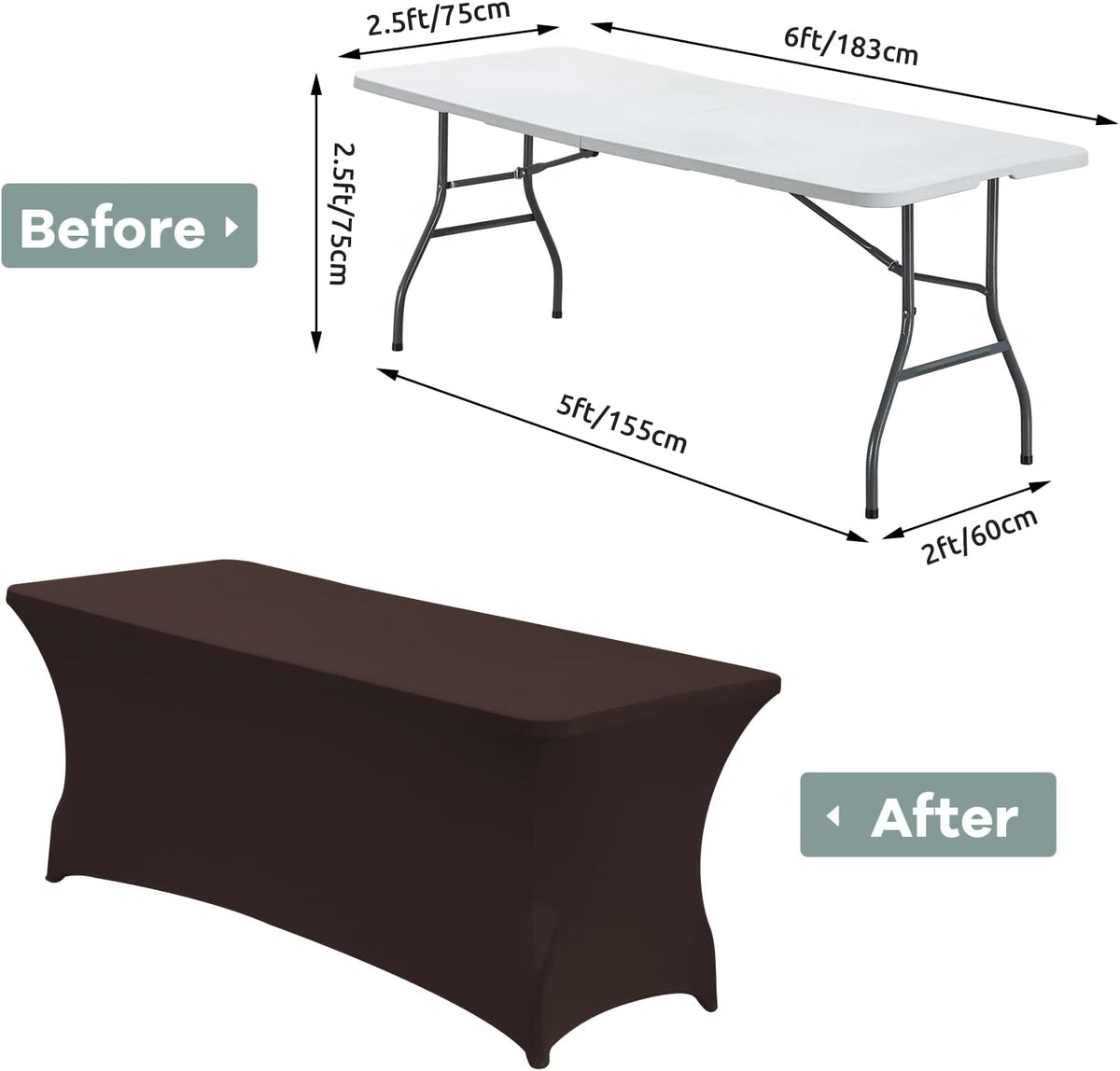 CWK 6FT Waterproof Stretch Spandex Table Cover for Rectangular Tables - Elastic Fitted Tablecloth for Folding Tables,Wrinkle Resistant Table Cloth for Parties, Weddings, Banquets & Events (Coffee)