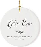 Andaz Press Personalized Round Ceramic Porcelain Christmas Tree Ornament Engagement Collectible Gift for Baby, Ava Marie Carter My First Communion 03.21.20, Antique Handdrawn, 1-Pack