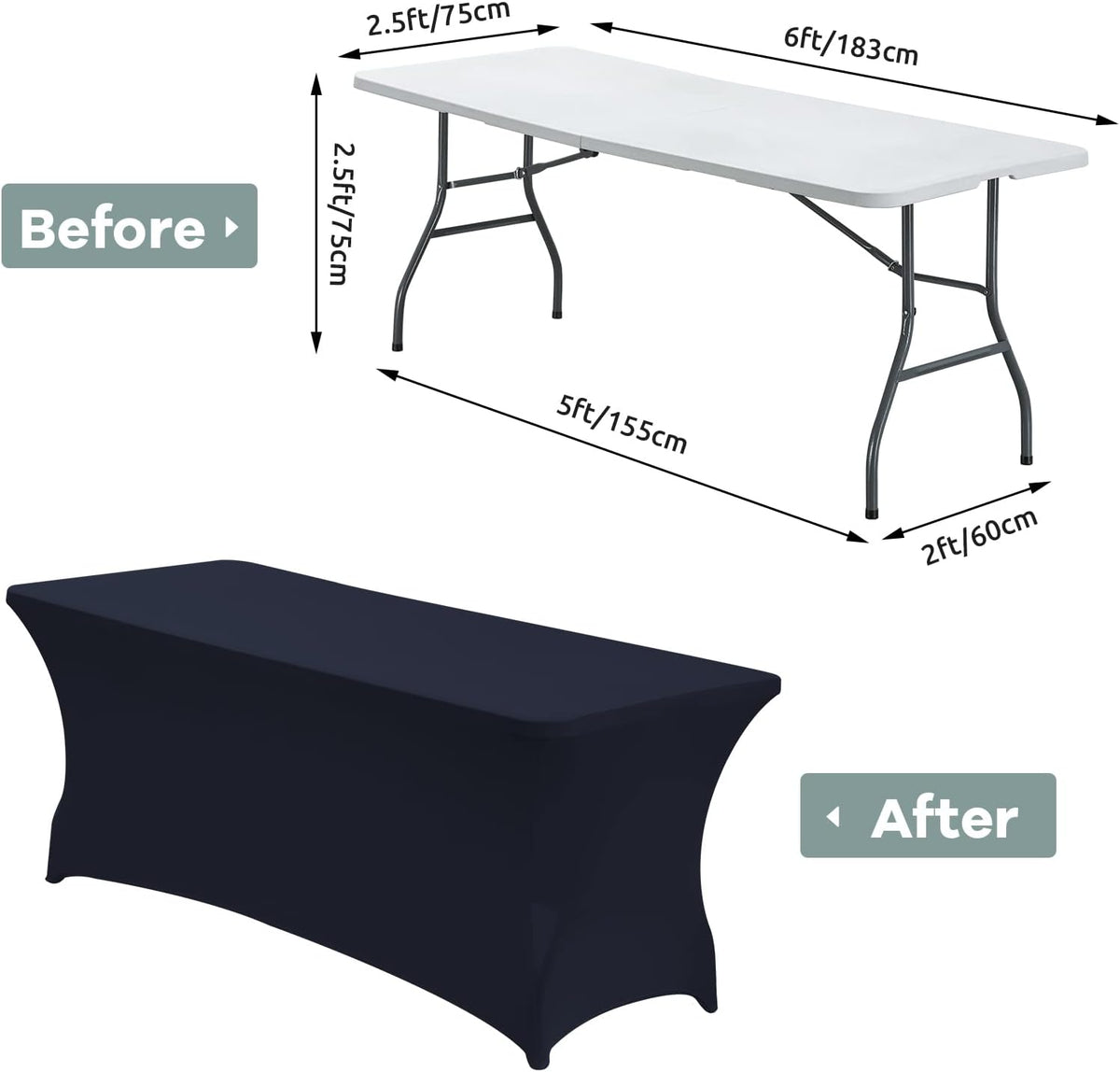 CWK 8FT Waterproof Stretch Spandex Table Cover for Rectangular Tables - Elastic Fitted Tablecloth for Folding Tables,Wrinkle Resistant Table Cloth for Parties, Weddings, Banquets & Events (Navy Blue)