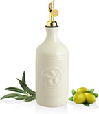 Sweejar 16 Oz Ceramic Olive Oil Dispenser Bottle, Oil Dispenser for Kitchen with Gravity Spout, Relief Opaque Oil Container for Evoo, Avocado Oil, Vinegar, Soy Sauce, 1 Pack(Beige, Gold Spout)