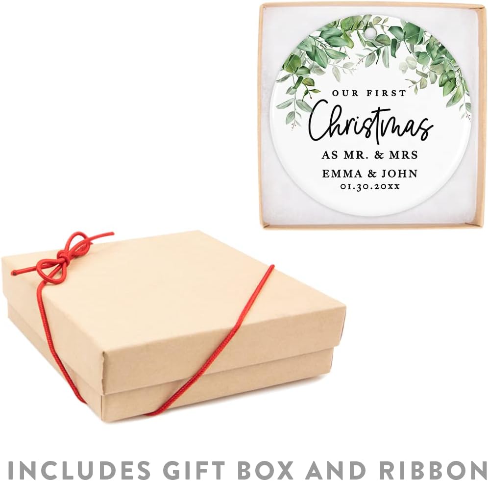 Andaz Press Personalized Our First Christmas As Mr. & Mrs. 2024 Christmas Ornaments Greenery 2.8" Round Porcelain Ceramic 1st Year Married Custom Ornament Keepsake for Newlyweds 1-Pack