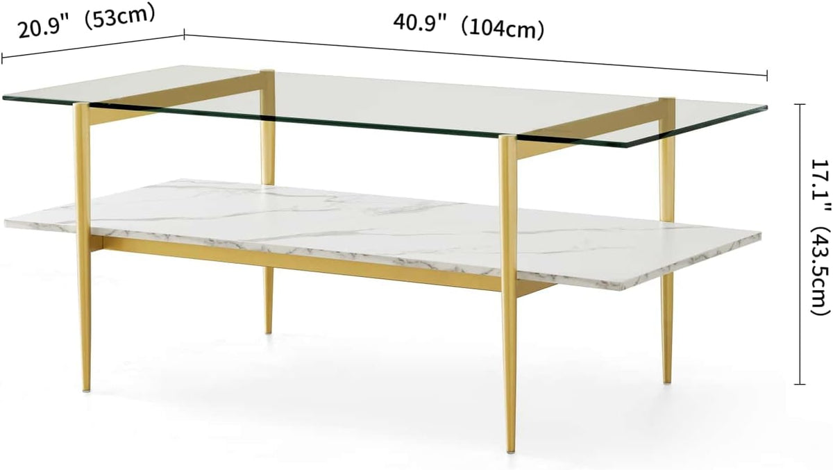 Rectangle Coffee Table for Living Room, Mid-Century Modern Design, L41 x W21 x H17, 2-Tier Structure, Clear Glass Top and White Marble Finish Wood Shelf, Conical Legs with Gold Finish