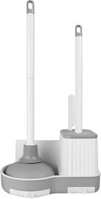 Toilet Brush and Plunger, 3 in 1 Toilet Bowl Brush and Holder with Crevice Cleaning Brush Wall Mounted Household Bathroom Cleaning Tools Combo Set(White-Gray)