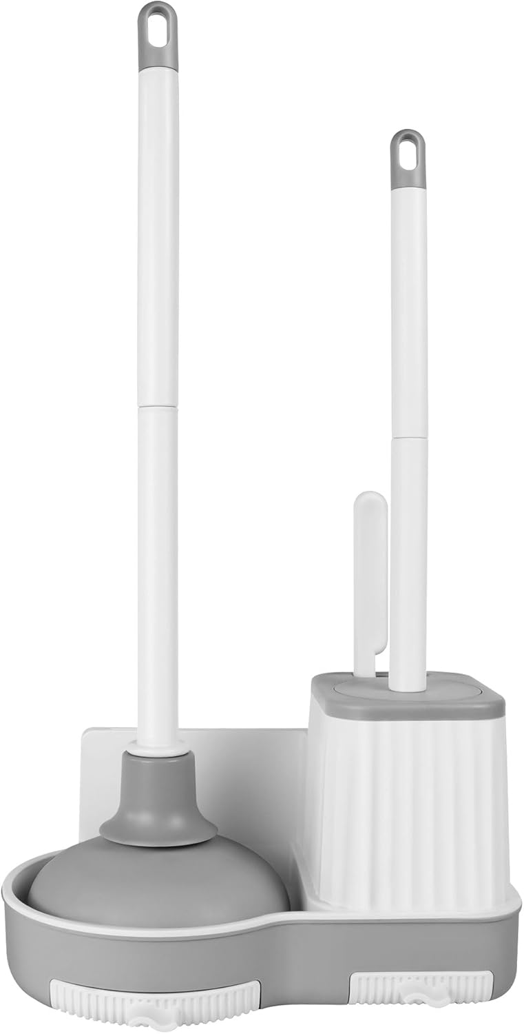 Toilet Brush and Plunger, 3 in 1 Toilet Bowl Brush and Holder with Crevice Cleaning Brush Wall Mounted Household Bathroom Cleaning Tools Combo Set(White-Gray)