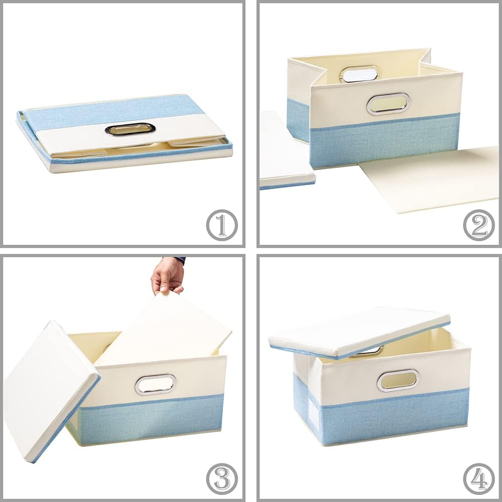 PRANDOM Collapsible Storage Bin with Lid [3-Pack] Fabric Foldable Storage Box Organizer Container Basket Cube with Cover for Home Bedroom Closet Office Nursery Blue&Cream(14.9x9.8x9.8)