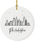 Andaz Press Round Ceramic Porcelain Christmas Tree Ornament Gift, Philadelphia Black and White Stars City Skyline Graphic, 1-Pack, Birthday Ideas for Family Coworker, Philly
