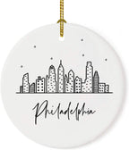 Andaz Press Round Ceramic Porcelain Christmas Tree Ornament Gift, Philadelphia Black and White Stars City Skyline Graphic, 1-Pack, Birthday Ideas for Family Coworker, Philly