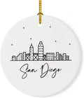 Andaz Press Round Ceramic Porcelain Christmas Tree Ornament Keepsake, San Diego Black and White Stars City Skyline Graphic, 1-Pack, Birthday Gift Idea for Family, Coworker, Him, Her, Includes Gift Box