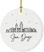 Andaz Press Round Ceramic Porcelain Christmas Tree Ornament Keepsake, San Diego Black and White Stars City Skyline Graphic, 1-Pack, Birthday Gift Idea for Family, Coworker, Him, Her, Includes Gift Box
