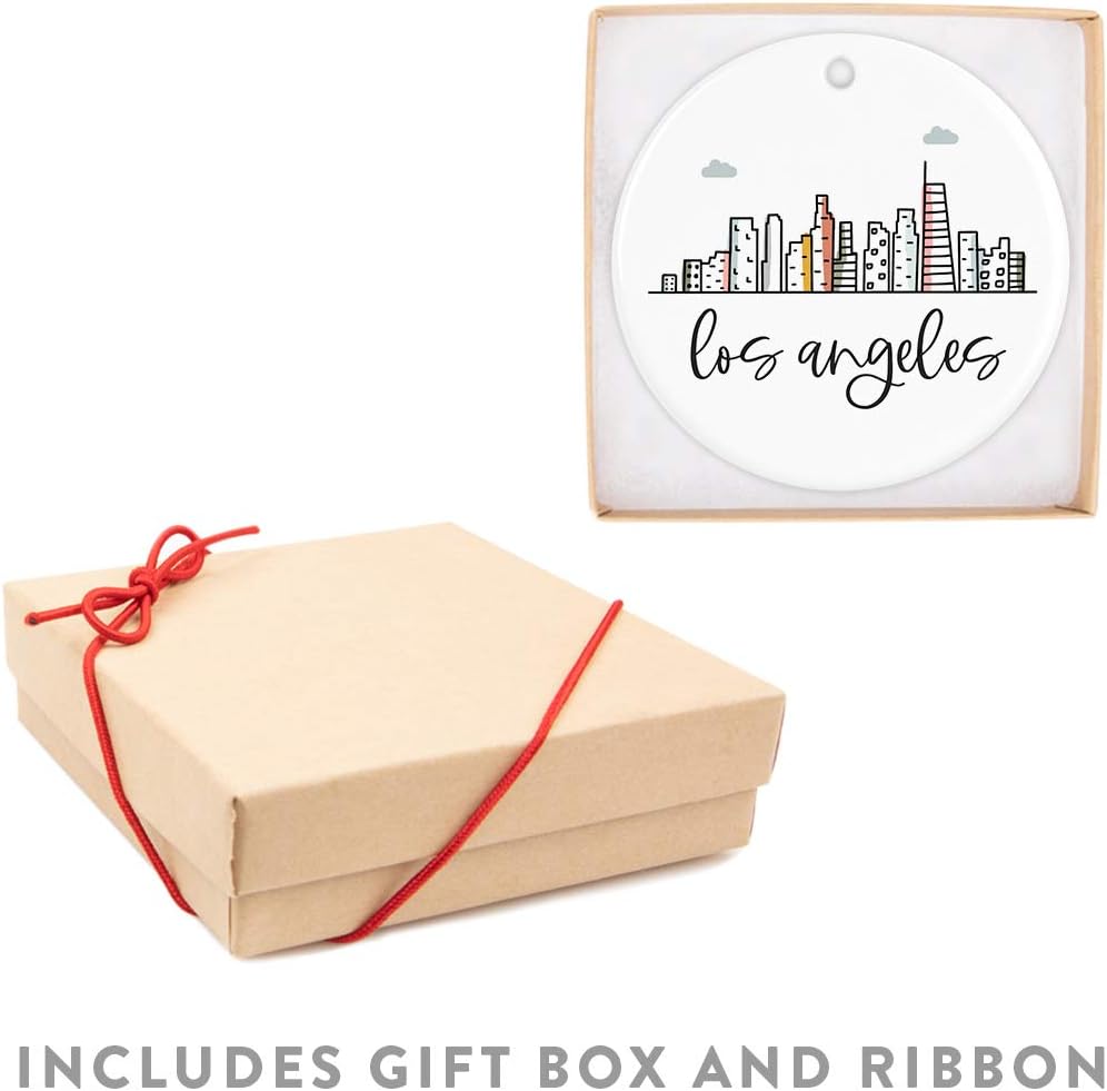 Andaz Press Round Ceramic Porcelain Christmas Tree Ornament Keepsake Gift, Los Angeles, Colorful City Skyline Graphic, 1-Pack, Birthday Ideas Family Coworker Him Her, Includes Gift Box
