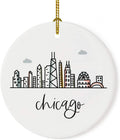 Andaz Press Round Ceramic Porcelain Christmas Tree Ornament Keepsake, Chicago Colorful City Skyline Graphic, 1-Pack, Birthday Gift Ideas Family Coworker Him Her, Includes Gift Box