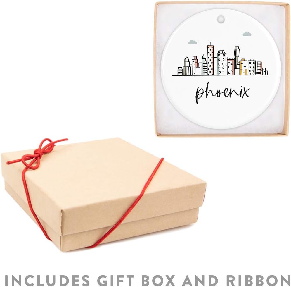 Andaz Press Round Ceramic Porcelain Christmas Tree Ornament Keepsake, Phoenix Colorful City Skyline Graphic, 1-Pack, Birthday Gift Ideas Family Coworker Him Her, Includes Gift Box