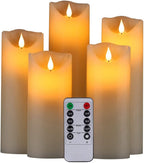 Flameless Battery Operated LED Candles 3D Wick with10key Button Remote Control 24-Hour Timer Set of 5 Electric Flickering Pillar Real Wax，Wedding, Party, Home Decoration