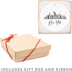Andaz Press Round Ceramic Porcelain Christmas Tree Ornament, New York, Black And White Stars City Skyline 1-Pack Birthday Ideas Family Coworker, NYC Christmas Ornament New York City Christmas Ornament
