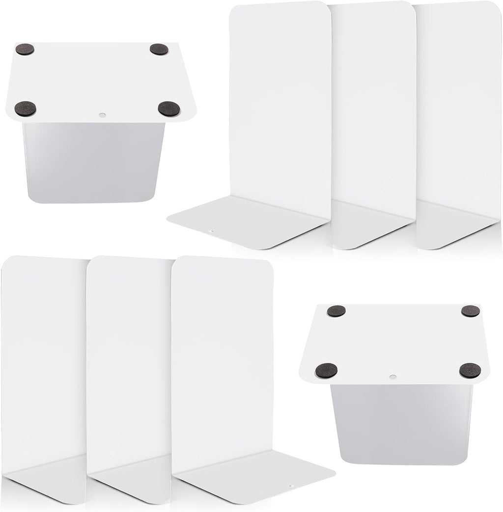 VONDERSO Metal Bookends, 4 Pairs White Metal Book Ends Heavy Duty for Shelves Decor Home Office, Unique White Bookends Supports Anti-Slip for Kids