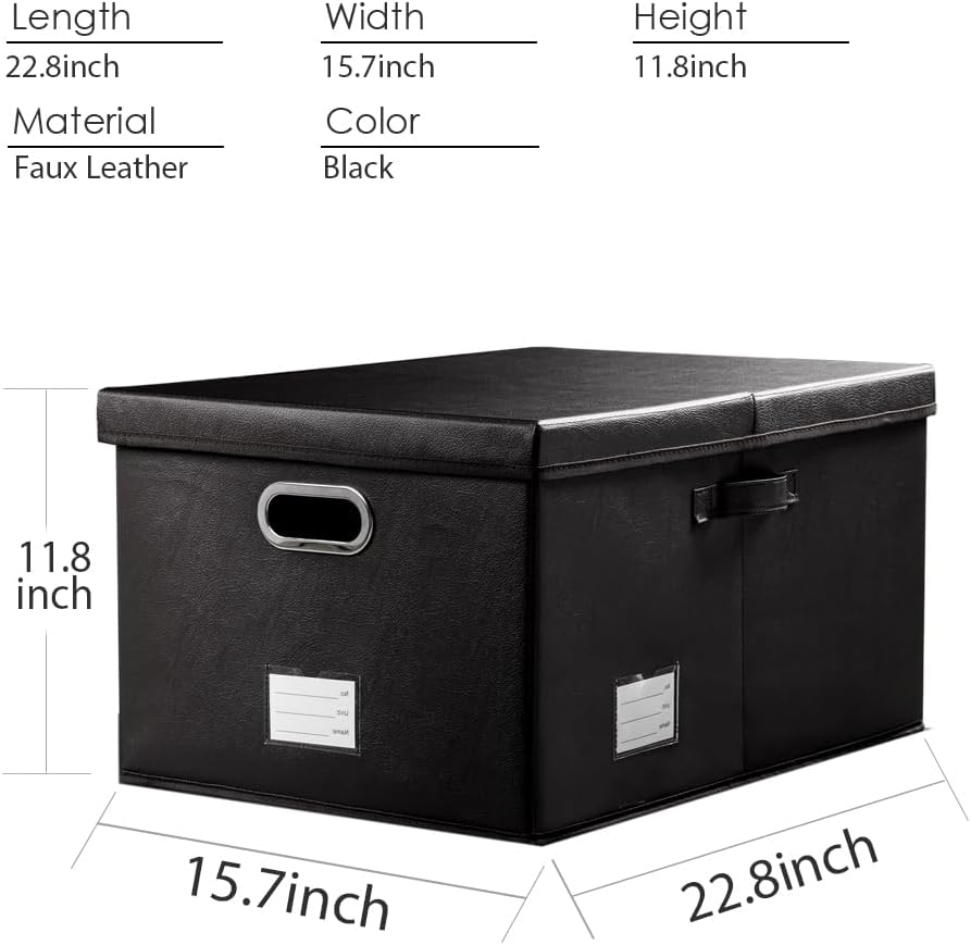 PRANDOM Collapsible Storage Box with Lid [3-Pack] Leather Fabric Foldable Storage Bin Organizer Container Basket Cube with Cover for Home Bedroom Closet Office Nursery Black(22.8X15.7X11.8)