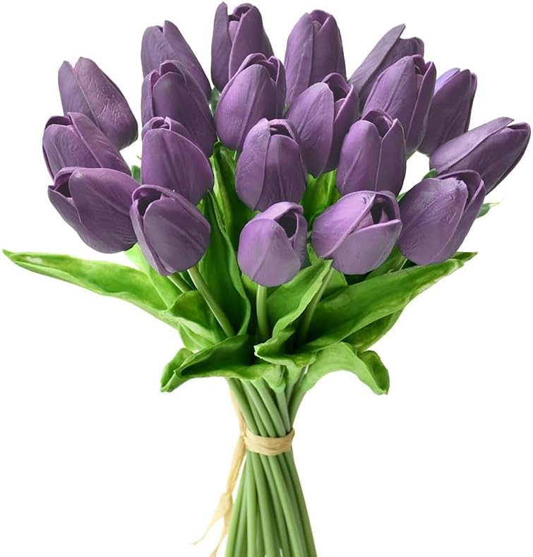 Mandy's Artificial Tulips 20 Stems Purple PU Faux Flowers for Wedding Home Decor 13.5 Inch