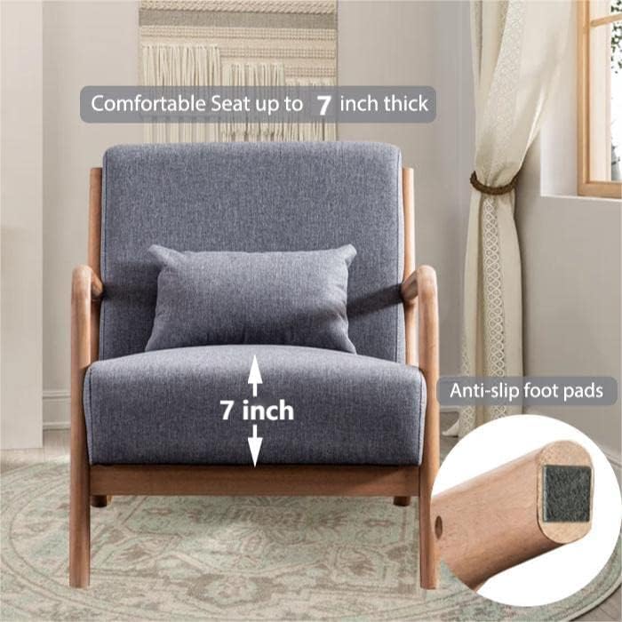 INZOY Mid Century Modern Accent Chair with Wood Frame, Upholstered Living Room Chairs with Waist Cushion, Reading Armchair for Bedroom Sunroom (Dark Grey)
