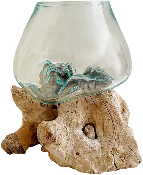 Hand Blown Molten Glass & Teak Wood Terrarium/Vase/Fish Bowl - Premium Quality (7" - 9" High)