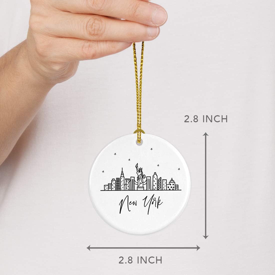 Andaz Press Round Ceramic Porcelain Christmas Tree Ornament, New York, Black And White Stars City Skyline 1-Pack Birthday Ideas Family Coworker, NYC Christmas Ornament New York City Christmas Ornament