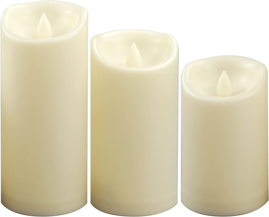 CANDLE CHOICE Waterproof Outdoor Battery Operated Flameless Pillar Candles with Timer Realistic Flickering Plastic Fake Electric LED Lights for Lantern Garden Wedding Christmas Decorations 3 Pack