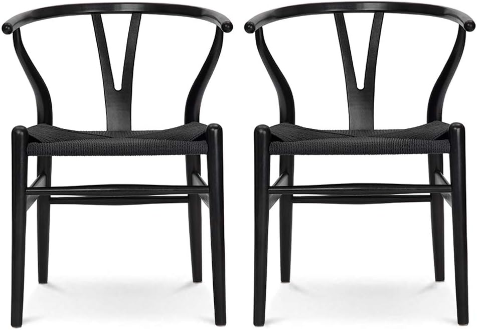 Wishbone Chair, Solid Wood Armrest Woven Seat Chair, Kitchen & Dining Chair, Wishbone Y Black Chairs - Set of 2 (Ash Wood - Black)