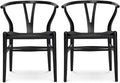 Wishbone Chair, Solid Wood Armrest Woven Seat Chair, Kitchen & Dining Chair, Wishbone Y Black Chairs - Set of 2 (Ash Wood - Black)