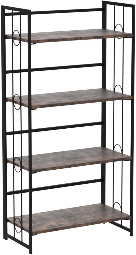 4NM No Assembly 4 Tiers Folding Bookshelf, 47.2" H Foldable Storage Shelves Vintage Bookcase Standing Racks Study Organizer Home Office - Rustic Brown Black