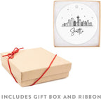 Andaz Press Round Ceramic Porcelain Christmas Tree Ornament Keepsake, Seattle Black and White Stars City Skyline Graphic, 1-Pack, Birthday Gift Ideas Family Coworker Him Her, Includes Gift Box